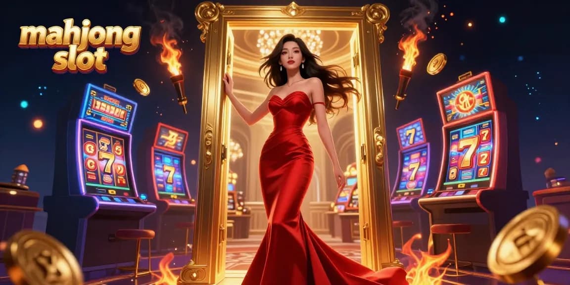 Engage with the mahjong slot experience as an elegant Asian woman stands in a vibrant casino doorway.
