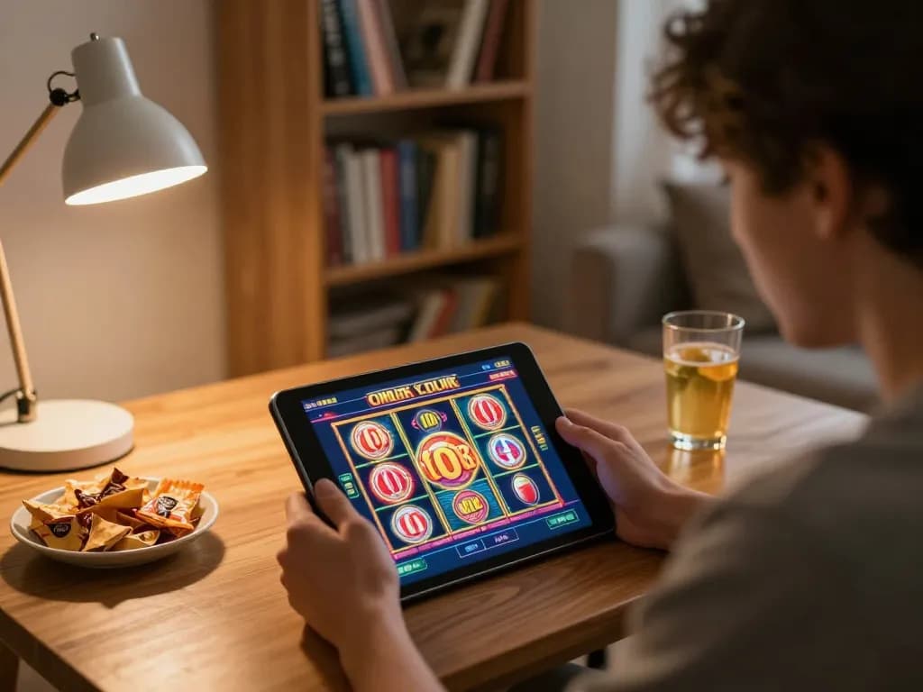 Engaged player enjoying slot 10k on tablet, showcasing vibrant game interface and cozy gaming setup.
