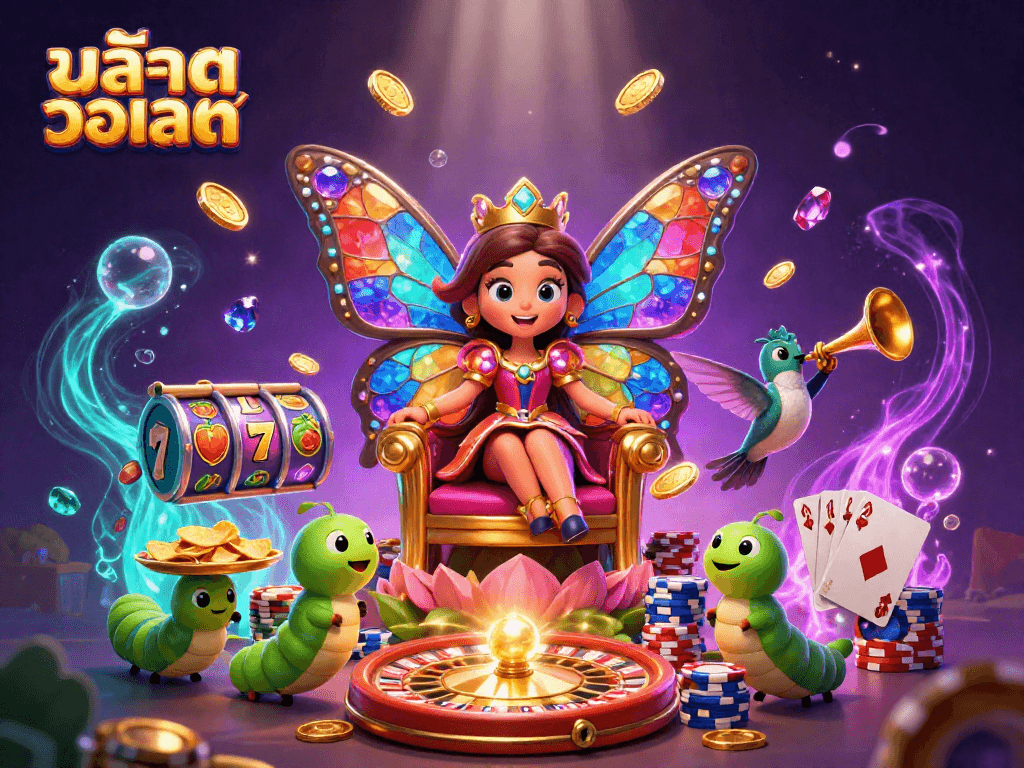 Experience สล็อตวอเลท with vibrant gaming visuals featuring a butterfly queen and casino elements.
