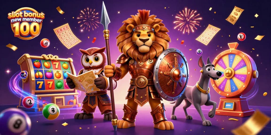 Engage in excitement with the slot bonus new member 100 as colorful elements burst around heroic characters in a casino scene.