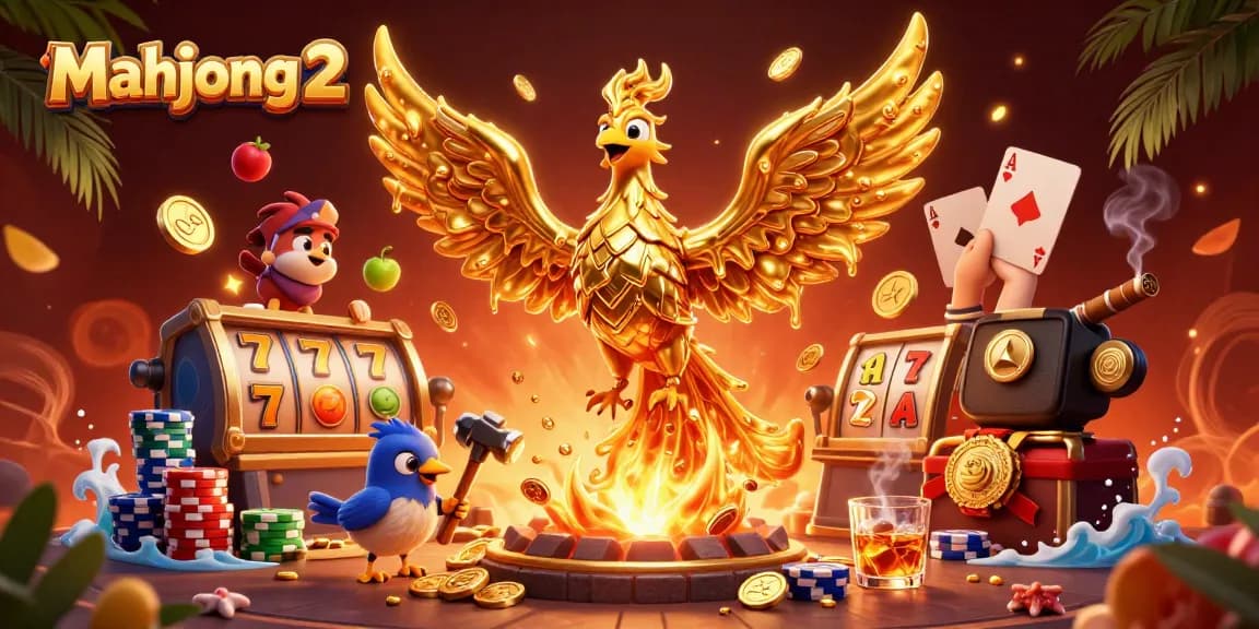 Experience mahjong 2 excitement with golden phoenix, slot reels, and poker action in this vibrant casino scene.