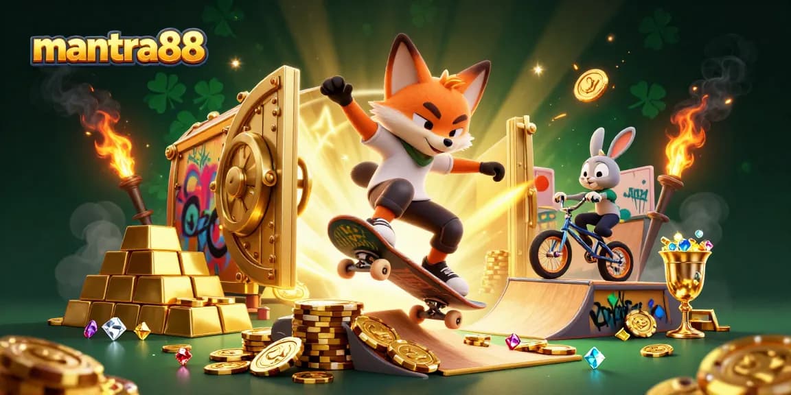 Engage in thrilling games at mantra88 while a skateboarder fox and BMX rabbit perform stunts