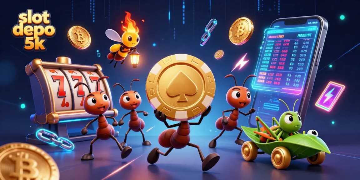 Spin to win with slot depo 5k as ants race with a giant poker chip amidst vibrant casino symbols.