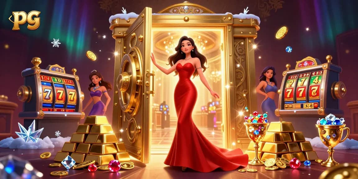 Spin the reels of pg with a glamorous woman in a VIP casino showcasing slot game excitement.