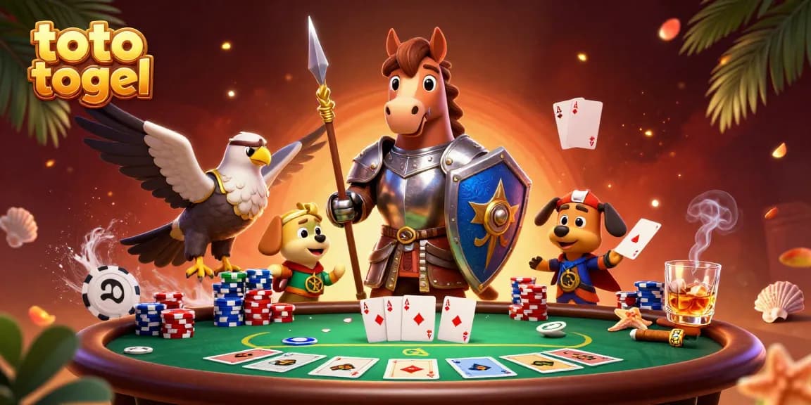 Engage with thrilling toto togel gaming while a knight, squire, and falcon enjoy a lively poker scene.