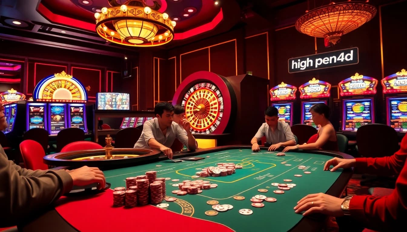 PEN4D casino scene with elegant gaming table, vibrant poker chips, and glowing slot machines.