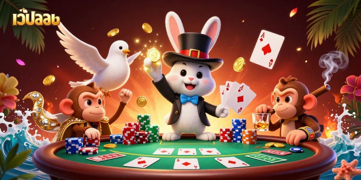 Engage in เว็บบอล action as a cartoon rabbit magician dazzles with poker chip heists and golden coin magic.