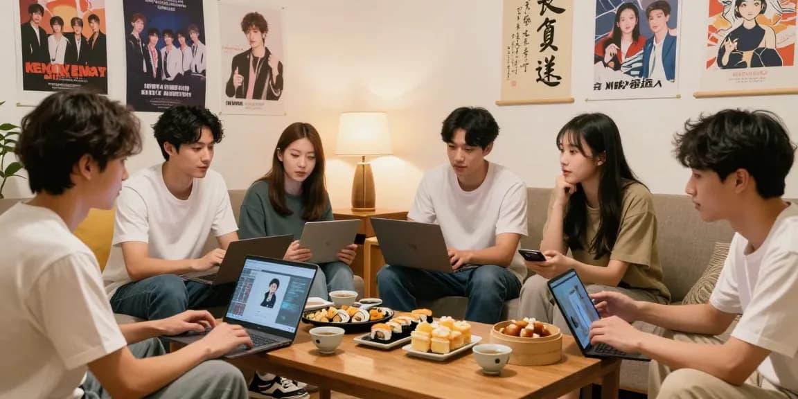 Diverse group discussing Asian pop culture at https://hanadultalk.com, enjoying snacks and vibrant decor.