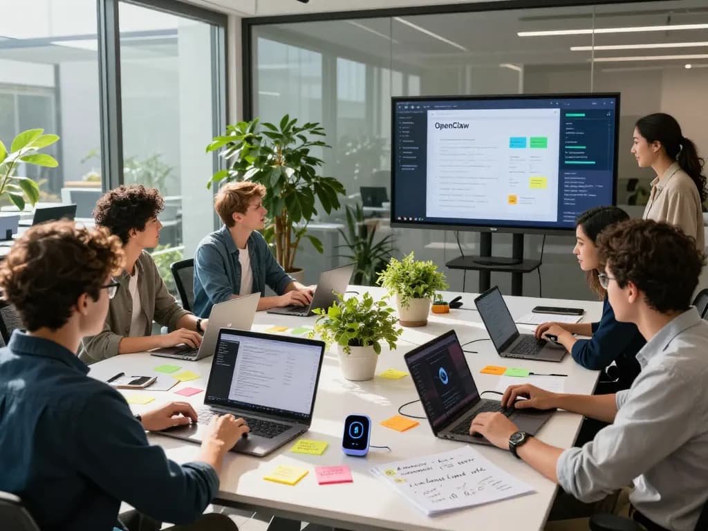 Developers collaborating with OpenClaw, showcasing AI integration in a modern tech workspace.