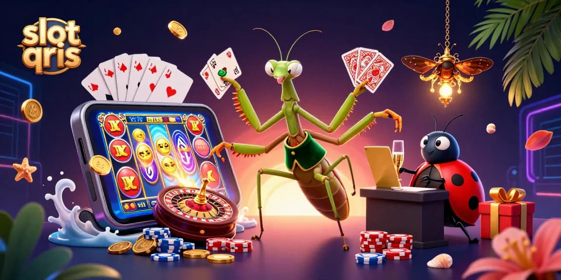 Engage with slot qris in this energetic scene featuring casino characters and vibrant game elements.