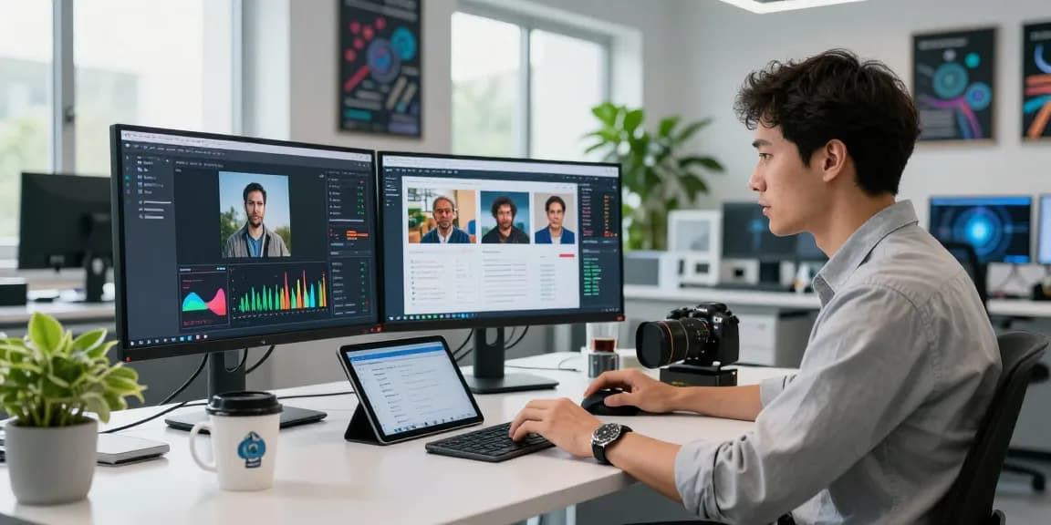 AI detector interface analyzing images with data scientist in modern tech lab.