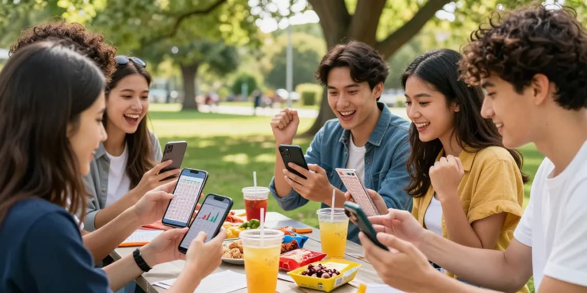 Analisis syair menang dengan teman-teman di taman, suasana ceria.