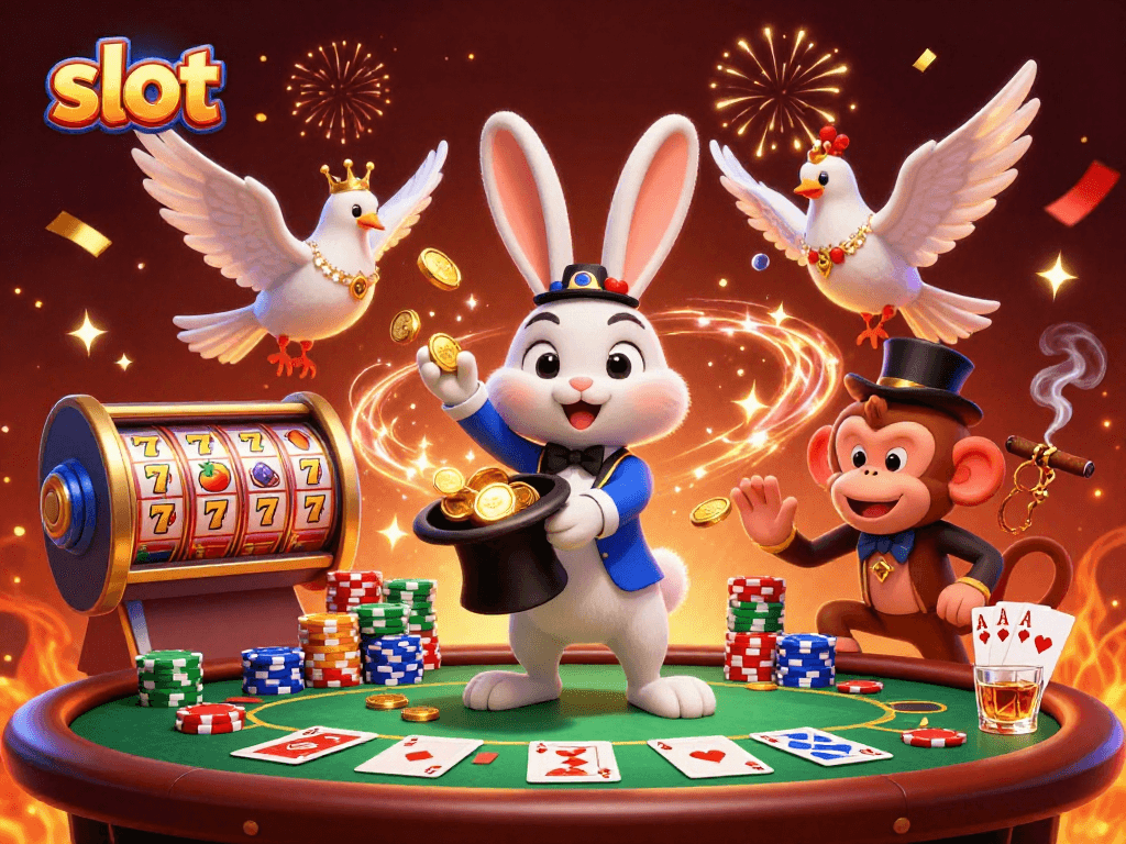 Engaging slot-themed scene with a rabbit magician conjuring coins, vibrant casino elements.