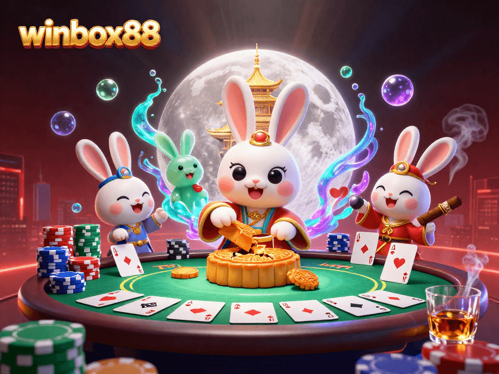 Engage with winbox88 through a vibrant 3D scene showcasing a moon rabbit gambling with poker chips.