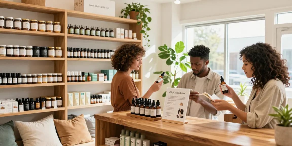 Shopping for organic CBD products at www.cbdnorth.co in a cozy wellness store with diverse Canadians exploring various CBD oils and educational materials.