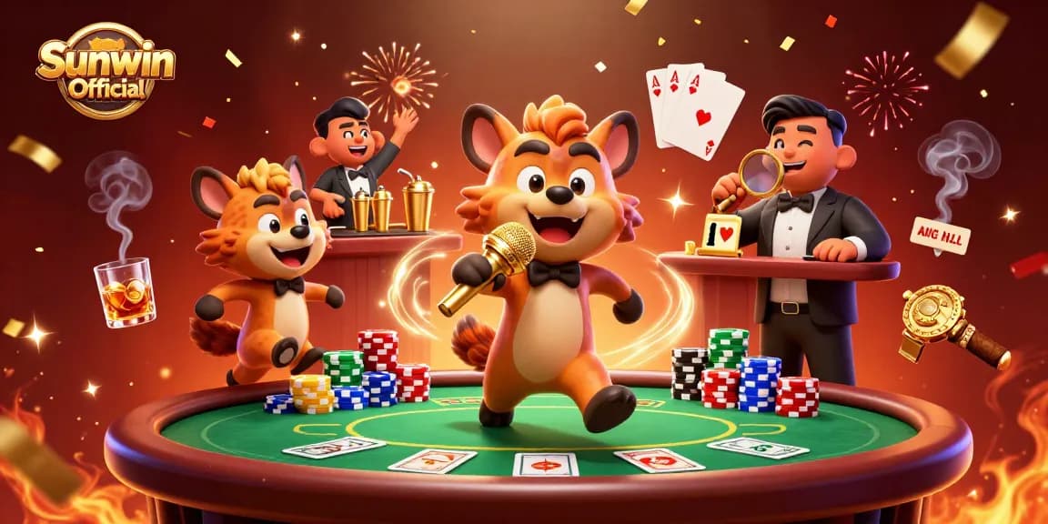 Experience the excitement at Sunwin Official with a vibrant casino scene featuring comic hyenas, chips, and games.