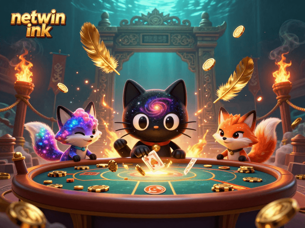 Experience the thrill of gaming with netwin ink as the black hole cat reels in casino chips.