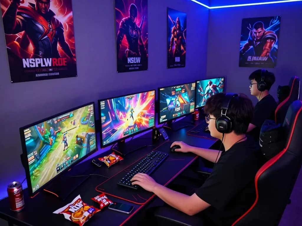 Engaging player immersed in NSFW games apk, showcasing vibrant online gaming setup with colorful interfaces.