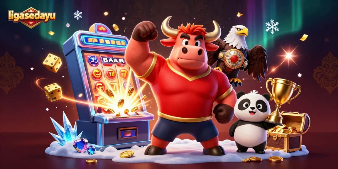 Experience the thrill at ligasedayu with dynamic cartoon characters celebrating casino wins and vibrant gaming elements.
