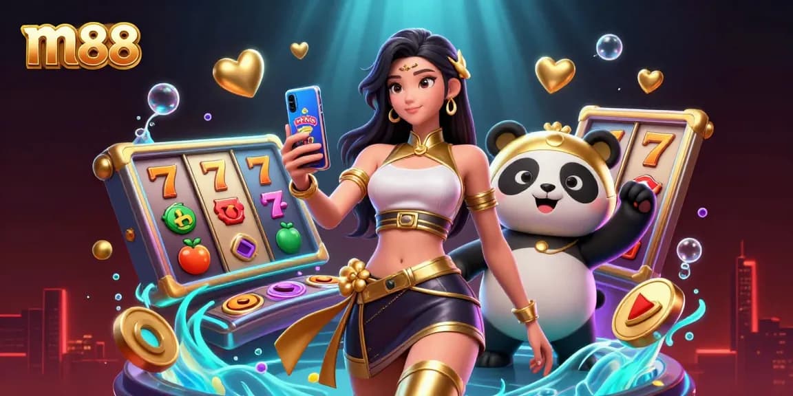 M88 features an Asian woman with a smartphone and a golden panda surrounded by slot elements.