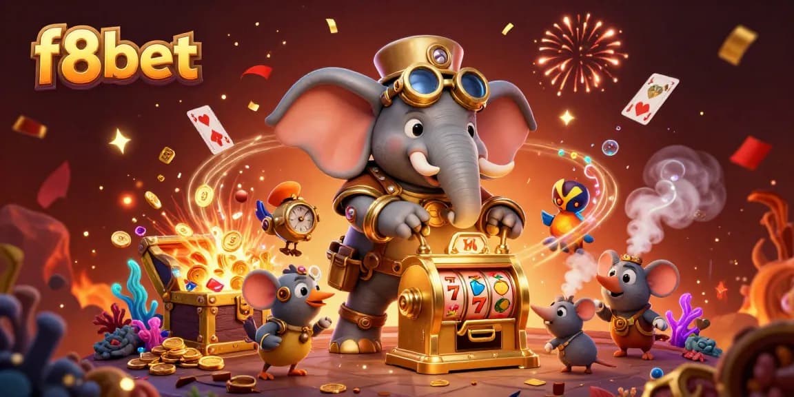 Experience the thrill of f8bet's golden slot machine with steampunk elements exploding with gems.