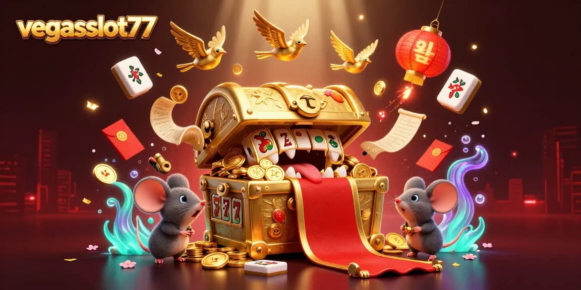 Enhance your gaming experience with vegasslot77's rich 3D illustration featuring lucky slots and treasure.