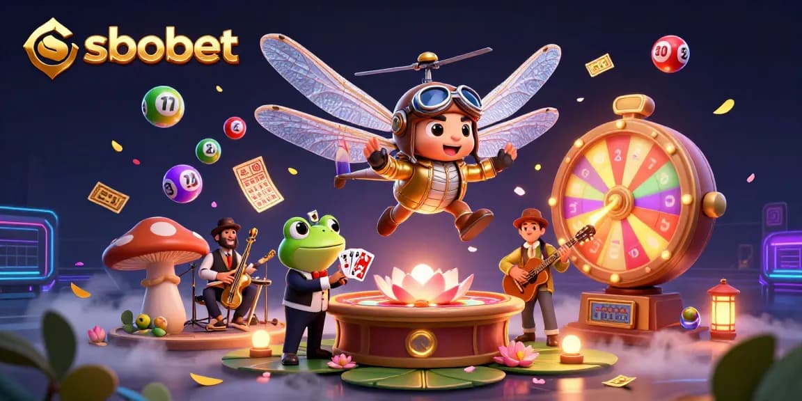 Experience sbobet thrills with a vibrant scene of a dragonfly pilot, frog croupier, and jazz musicians.
