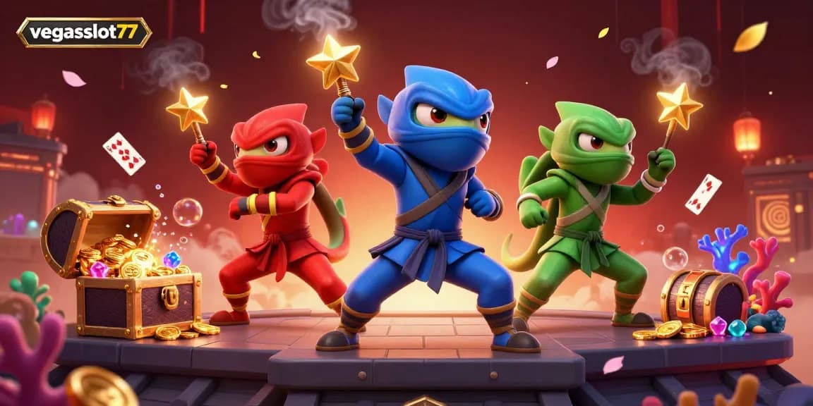 Engage with the vibrant world of vegasslot77 as ninja chameleons perform exhilarating casino martial arts amidst treasure and excitement.