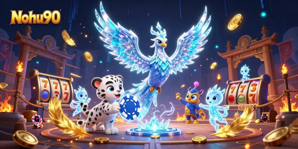 Nohu90 offers exciting jackpot opportunities with an ice phoenix, a playful snow leopard cub, and vibrant casino elements.