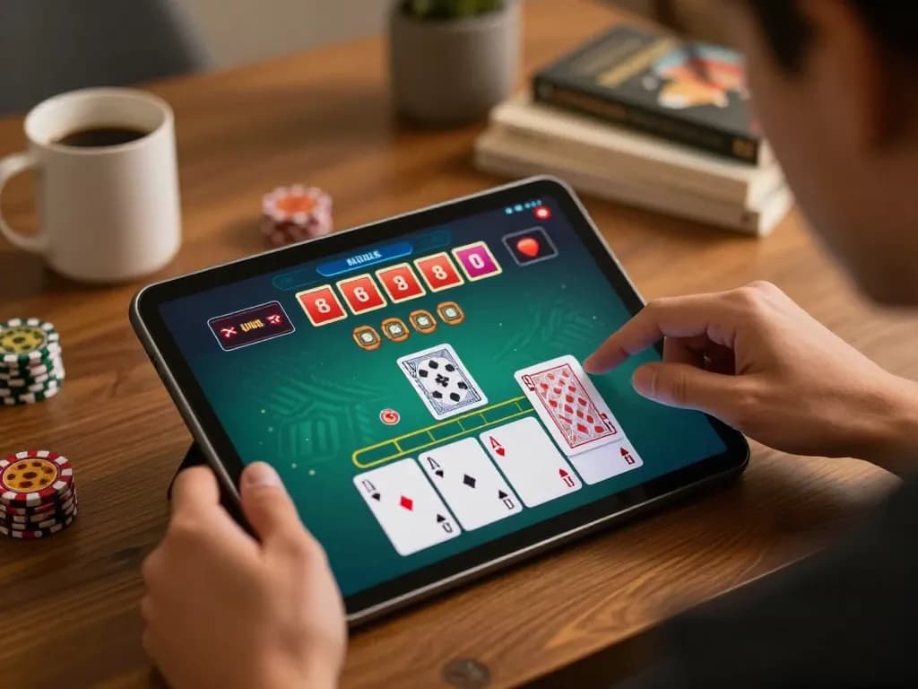 Player enjoying a blackjack game on a tablet at home, showcasing 388bet's online gaming experience