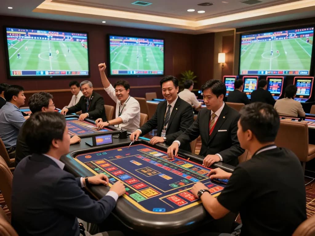Placing bets at Nhà Cái RR88 in a vibrant sports betting lounge with live events