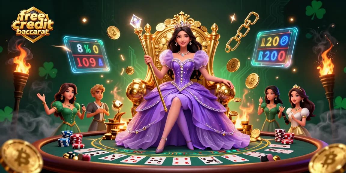 Experience free credit baccarat in style with a regal Asian woman at a luxurious casino table.