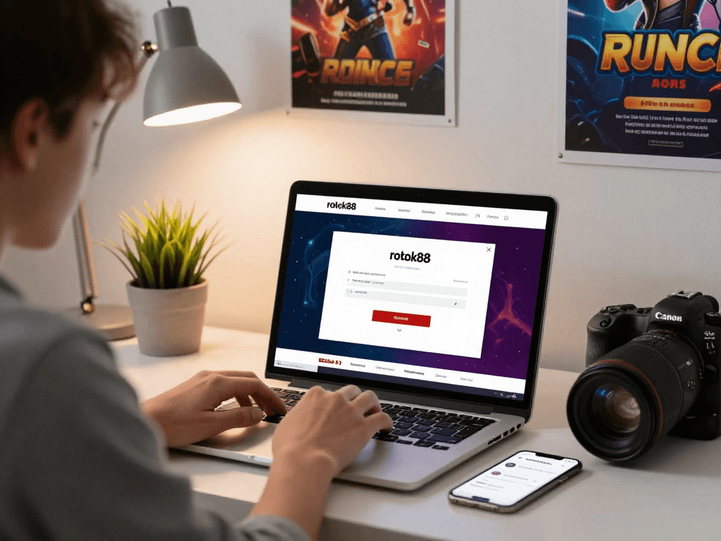 rokok88 login on a laptop screen in a cozy workspace with gaming decor.