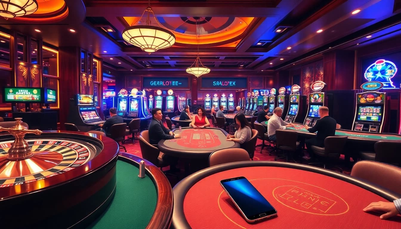 S8 gamblers engaged in intense play at a luxury casino table surrounded by vibrant slot machines.