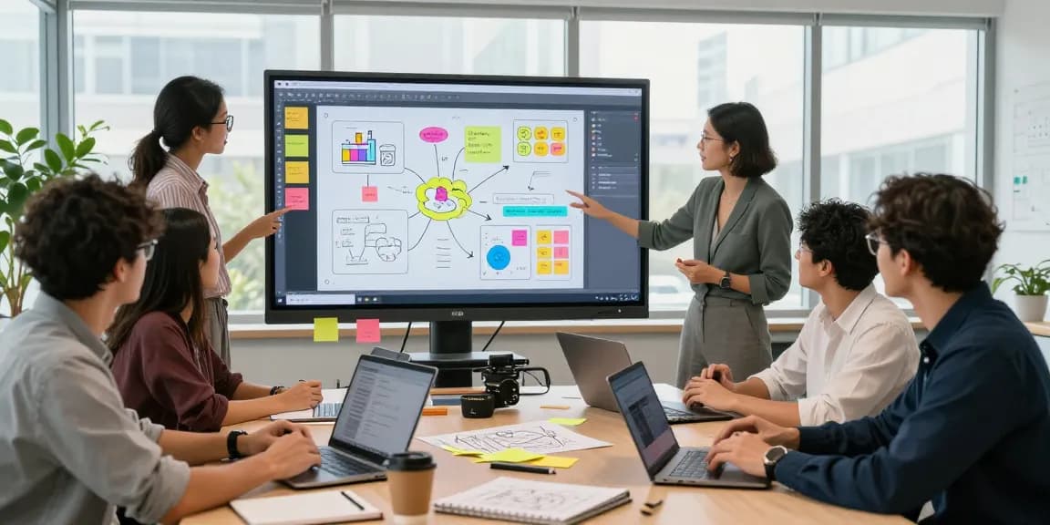 Dynamic team collaborating on mixboard ai in a bright office space, showcasing creativity and innovation.