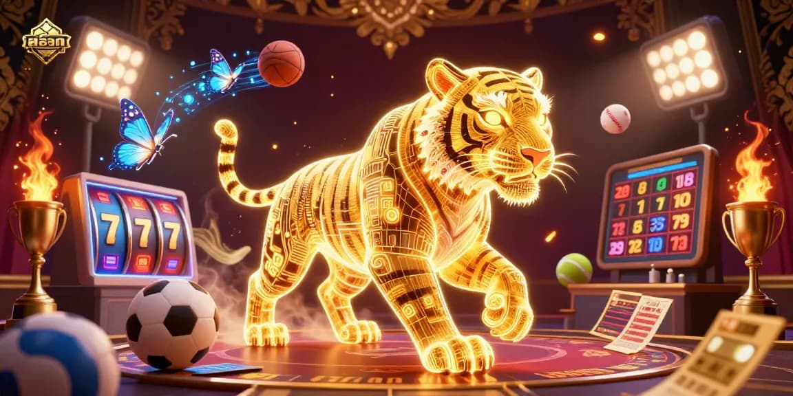 Experience the excitement of สล็อต with a vibrant casino scene filled with dynamic elements and a golden tiger.