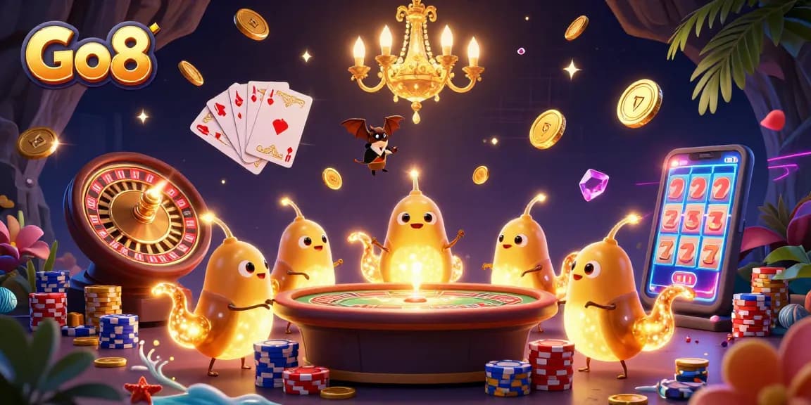 Experience the excitement of Go8's illuminated cave casino with lively glowworms and a bat dealer.