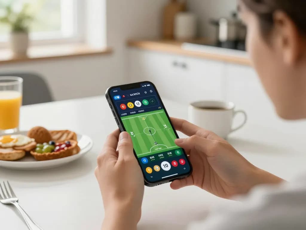 77WIN sports betting action with smartphone displaying live odds during breakfast