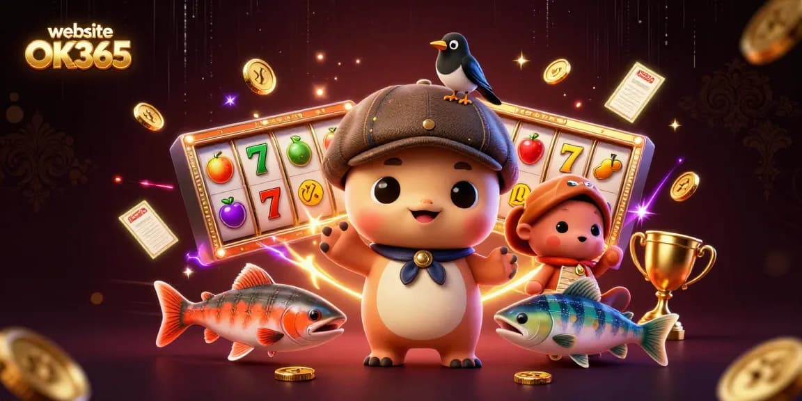 Spin to win with website OK365 as vibrant cartoon characters play in a casino-themed scene.
