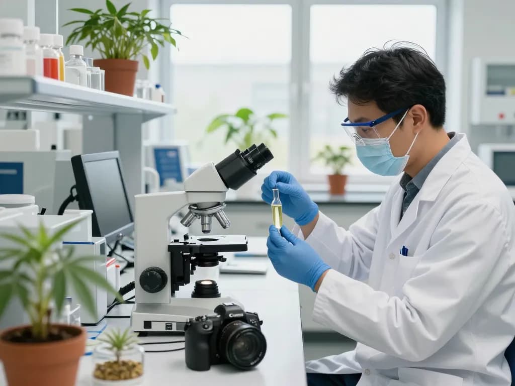 Cannabinoid manufacturer Europe analyzing distillate in a modern lab, featuring high-tech equipment and natural light.