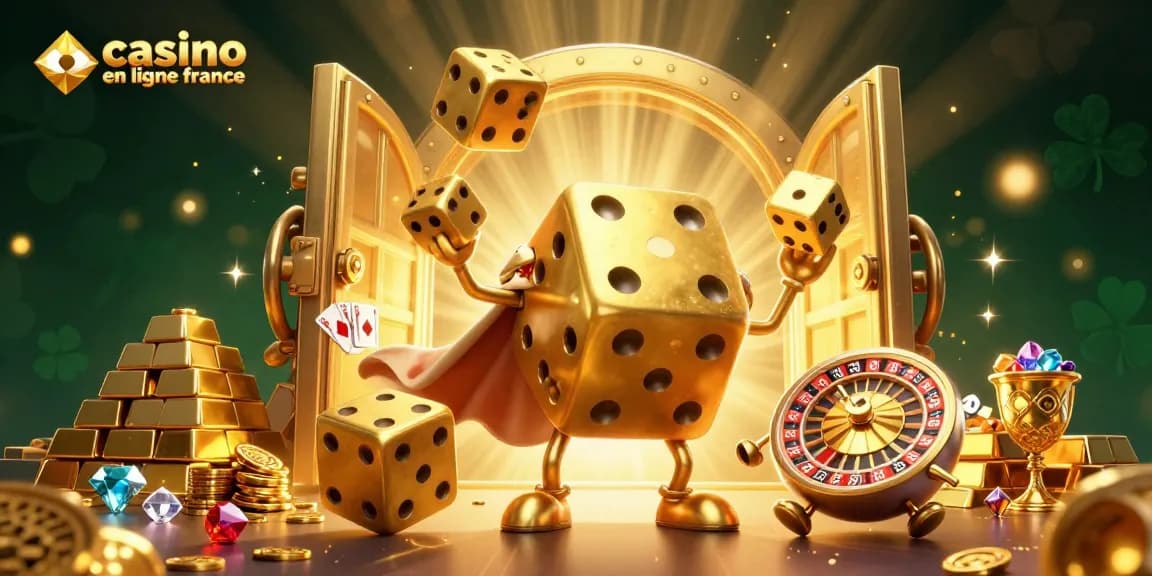 Jouez au casino en ligne France avec une scène dynamique d'un golem de dés en or et des pièces éparpillées.