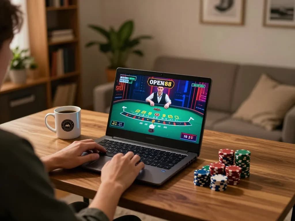 Play open88 at home through a stylish setup, showcasing live dealer blackjack and an inviting atmosphere