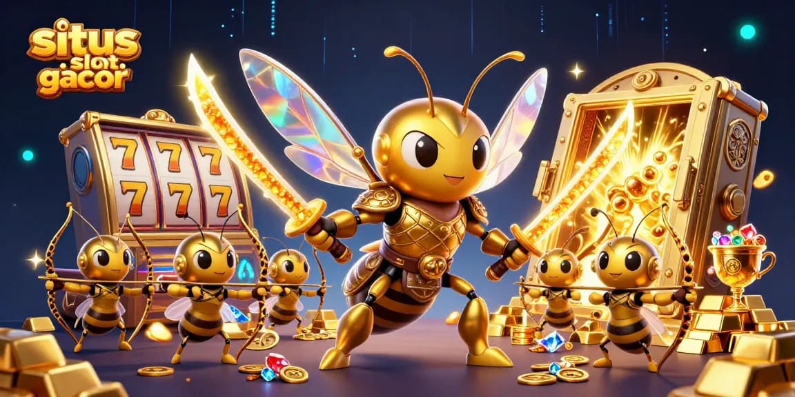 Engage with situs slot gacor through a vibrant 3D scene of golden hornet samurai and treasure-filled slot reels.