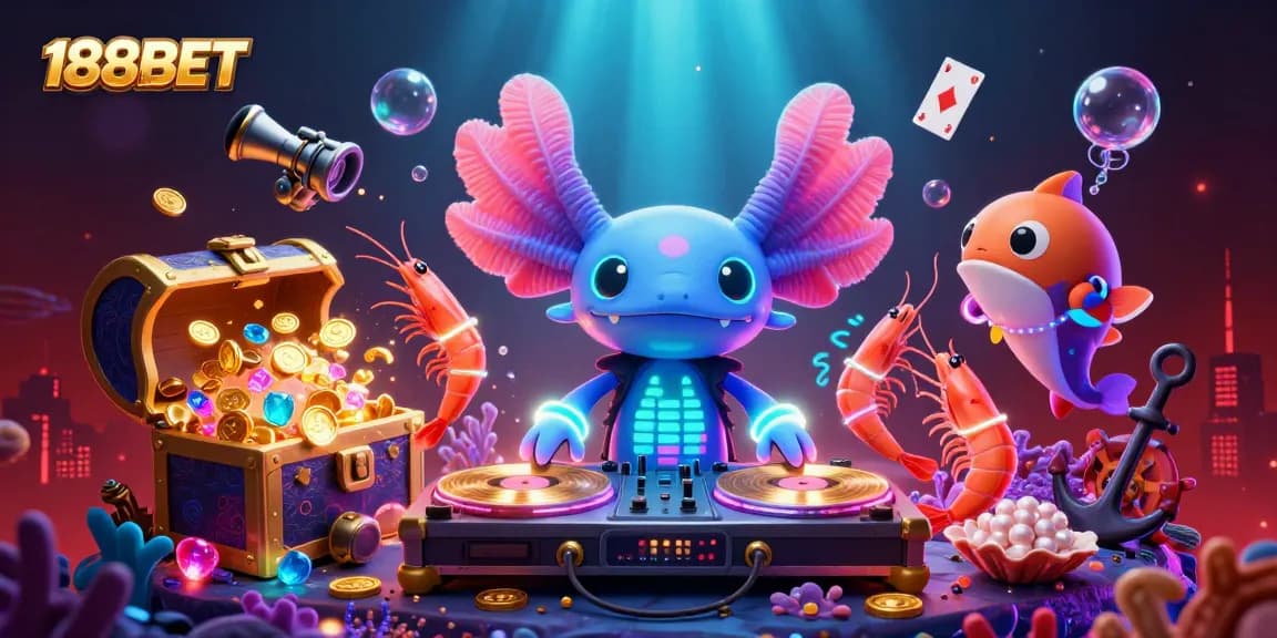 Experience the vibrant underwater casino scene with 188BET's neon axolotl DJ and playful characters.