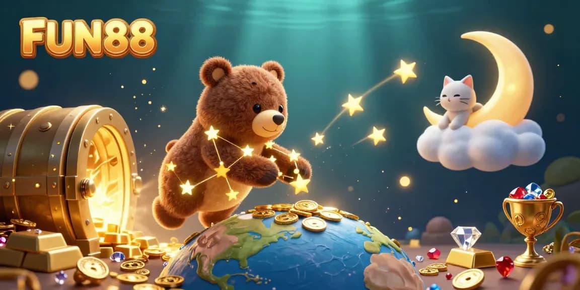 Experience FUN88 gaming excitement with a dazzling 3D casino-themed illustration featuring treasure and playful characters.