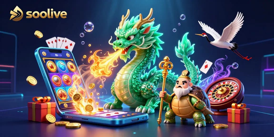 Socolive brings vibrant action to life with emerald dragon, cranes, and energetic game elements.
