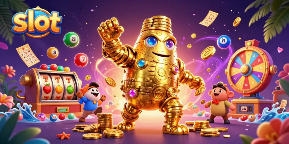 Engage with thrilling slot action featuring a golden golem amid vibrant casino elements.