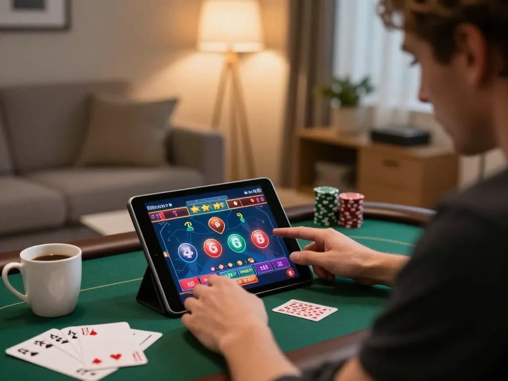 Engaged player using tablet for an exciting game on 888top in a cozy setting.
