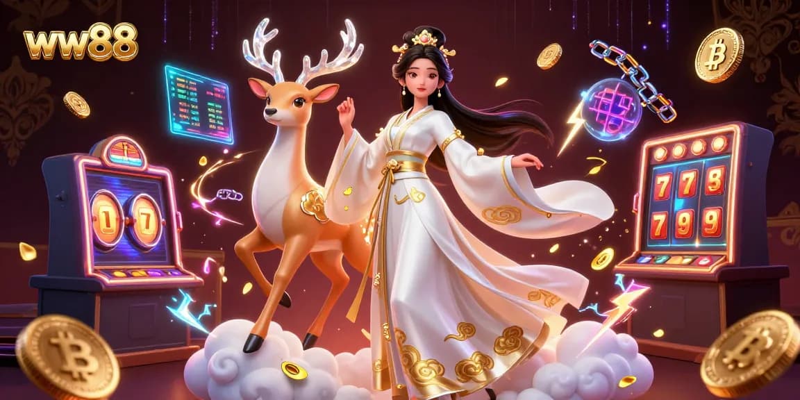 Win big at ww88 with an enchanting visual of a floating Asian beauty in a luxury casino setting.