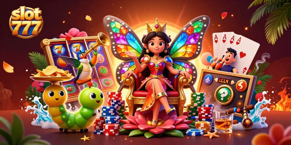 Menggenggam slot 777 yang penuh warna dengan simbol jackpot, ratu kupu-kupu 3D dalam ilustrasi detail digital 3D.